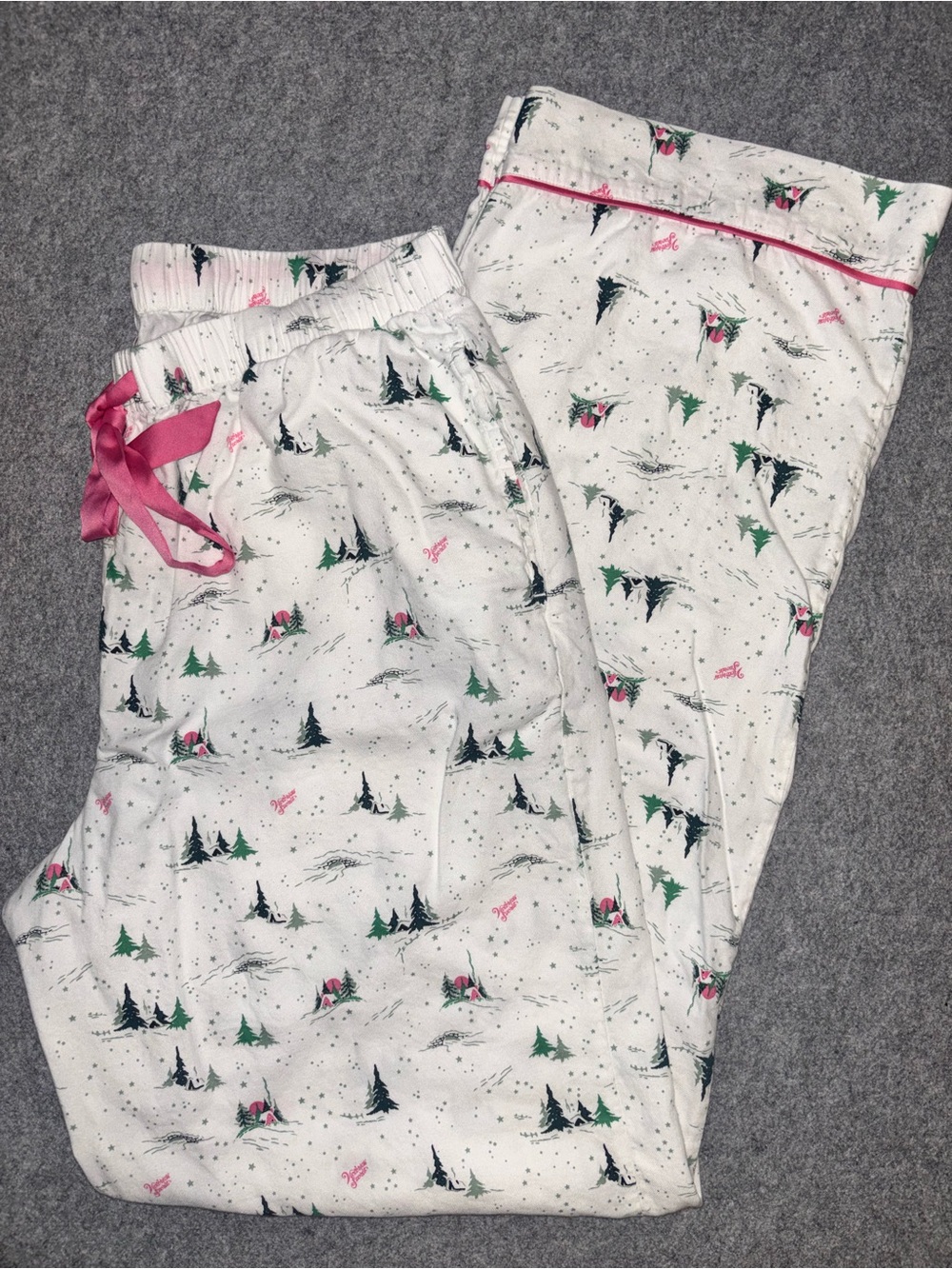 Victoria's Secret White Holiday Tree Print Pajama Bottoms with Pink Drawstring